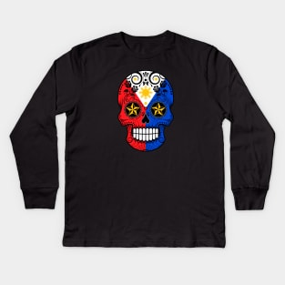 Filipino Flag Sugar Skull with Roses Kids Long Sleeve T-Shirt